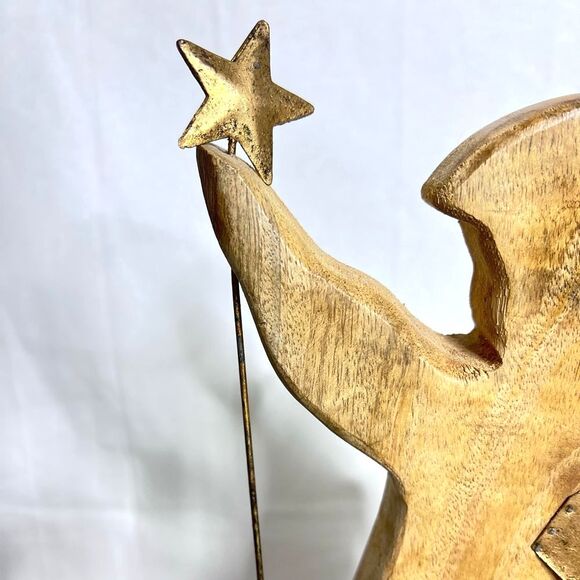 Vintage 5” Natural Mango Wood Angel w/Gold Star and Wings Figurine Christmas - Picture 4 of 12